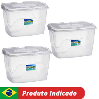 Kit 3 Caixas 34 Litros Organizadora Cesto Multiuso Com Tampa Caixa Reforçada De Plástico