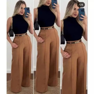 CALÇA PANTALONA TECIDO ALFAIATARIA COM CINTO DE COURO