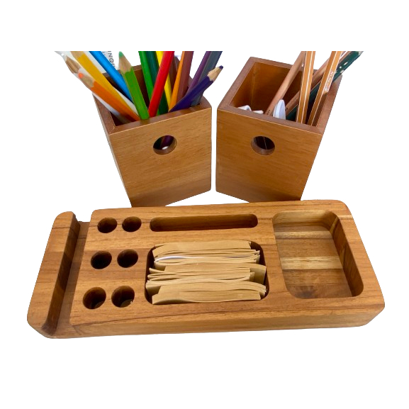 Kit Organizador Mesa Escritório Porta Lápis Madeira Ecológica Monte Novo + acessórios