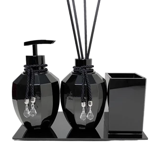 Kit Lavabo Luxo Sabonete Líquido C/ Porta Escovas e Difusor com Bandeja