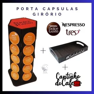 SUPER KIT com Torre Porta Cápsulas Giratória 360° + Mini Bandeja Cantinho do Café + Cantinho do Café / Porta Cápsulas DOLCE GUSTO NESPRESSO TRÊS CORAÇÕES PROMOÇÃO N.A. DECOR