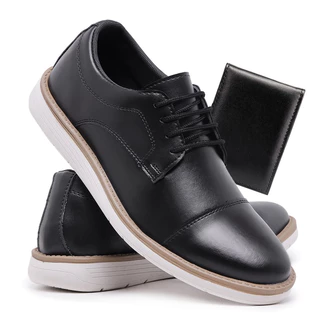 Kit Sapato Oxford Casual Masculino de Couro Inglês Costurado Espumado Sola Antiestresse + Carteira