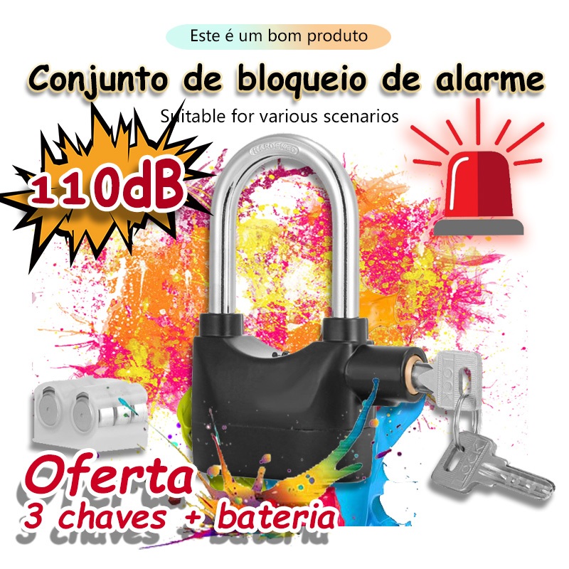 Cadeado Com Alarme Grande Prova De Água Antifurto Moto Bicicleta Portão Casa 110dB