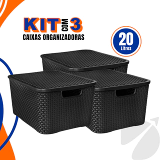 Kit 3 Caixas Organizadoras Cesto Rattan 20 Litros Com Tampa Preta Armários e Brinquedos