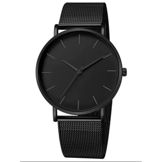 Relógio Minimalista Preto Casual de Couro Malha Ultrafina Inox