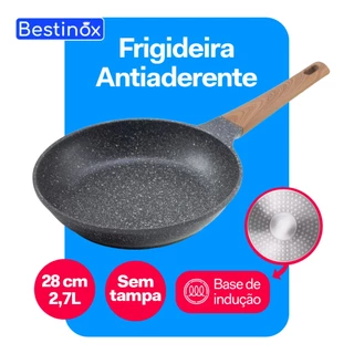 Frigideira Antiaderente 28cm Indução Alumínio Com Revestimento Cerâmico Premium Funda Com Cabo De Madeira Baquelite Antitérmico Não Gruda Não Usa Óleo