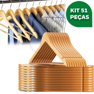 Kit 51 Cabides De Madeira Premium Marfim Para Roupas Calça Gancho Cromado
