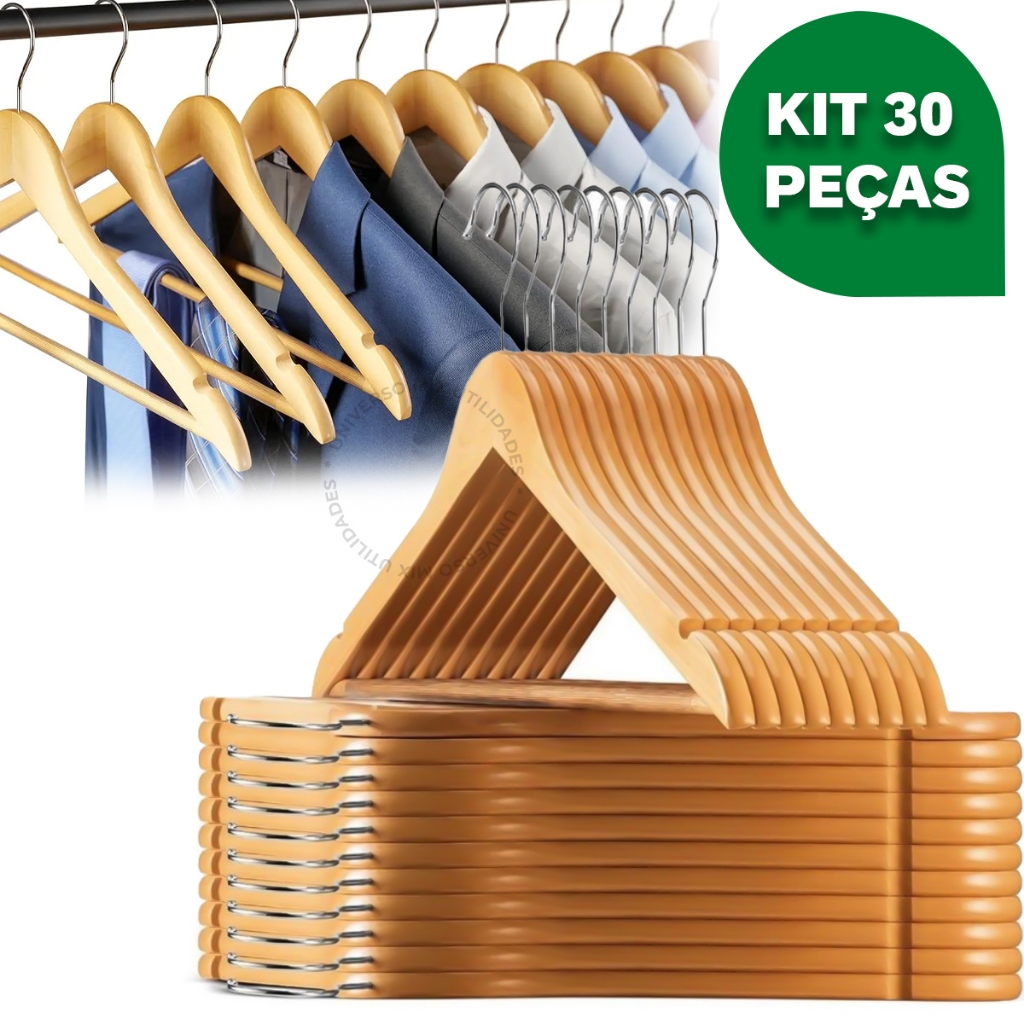 Kit 30 Cabides De Madeira Premium Marfim Para Roupas Calça Gancho Cromado