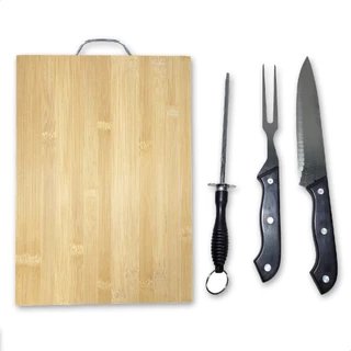 KIT Churrasco 4 Peças Tábua de Corte de Bambu Faca de Churrasco Chaira Amolador Garfo Trinchante