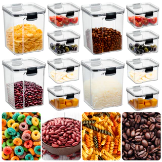 Kit 12 Potes Herméticos 4x 950ml + 8x 450ml Com Trava Reforçada 100% Vedado Porta Mantimentos Organizadores (ARROZ, FEIJÃO, CAFÉ AÇÚCAR, MACARRÃO, BOLACHA)