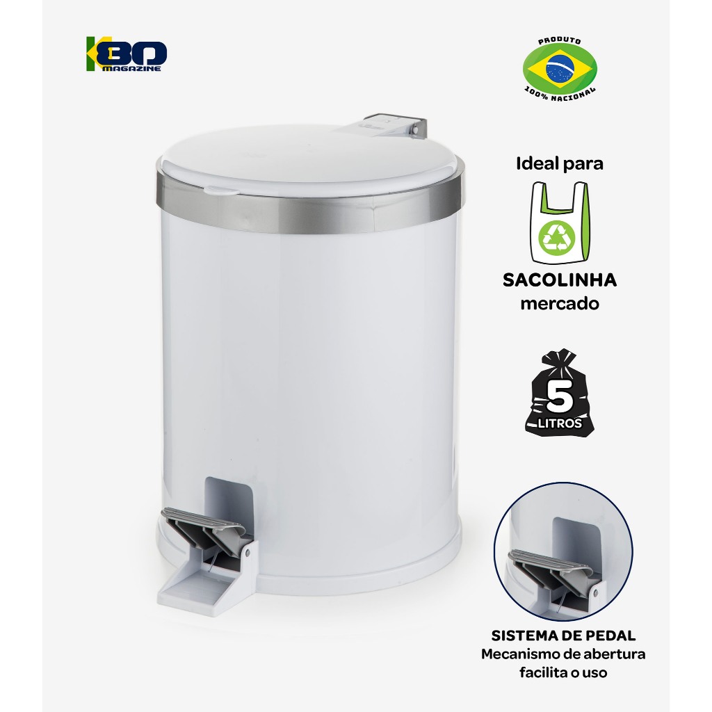 Lixeira Banheiro Branca 5 Litros Pedal Escritório Cozinha Consultórios