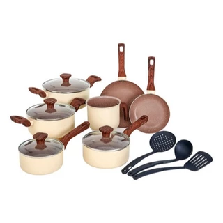 Jogo de Panelas Luxo Kit 10 Peças Indução Fundo Triplo Antiaderente Tampa Vidro Soft Touch Fogão Comum