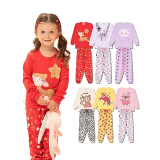 Kit Sortido 3 Pijama Infantil Menina - 3 Camisas manga longa + 3 Calças - Promoção - Kit com 3 Pijamas de Roupa Infantil Menina Inverno Bebe Barato