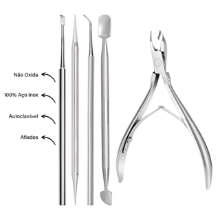 Kit Manicure 5 Peças (Alicate + Palito 2x1 + Desencravador + Espátula + Raspador)