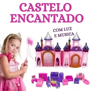 BRINQUEDO CASTELO ENCANTADO COM ACESSORIOS LUZ QUE MUDA COR MUSICA INFANTIL CASINHA BONECAS 15 PÇS