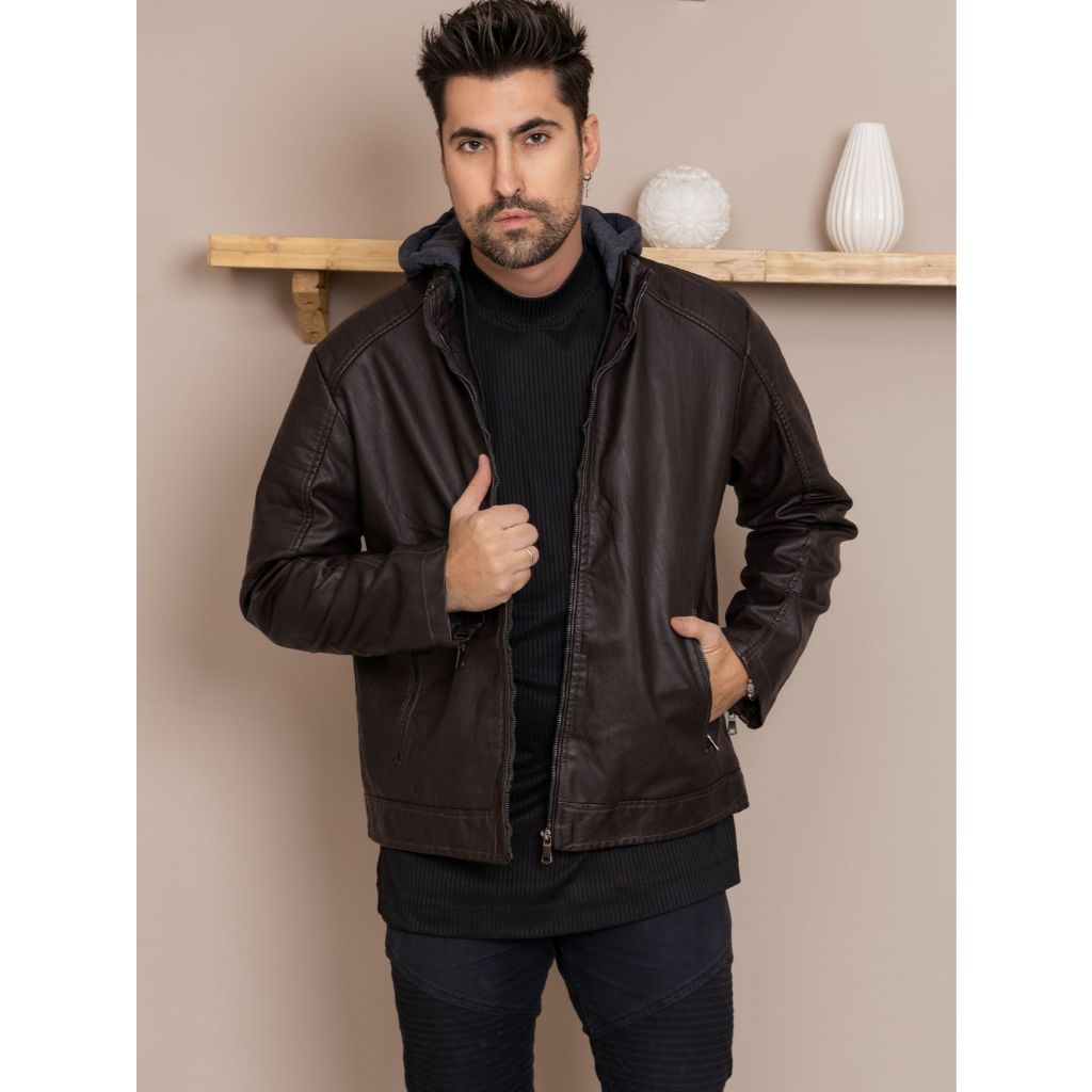 Jaqueta Masculina Casual De Pu Com Capuz Removivel