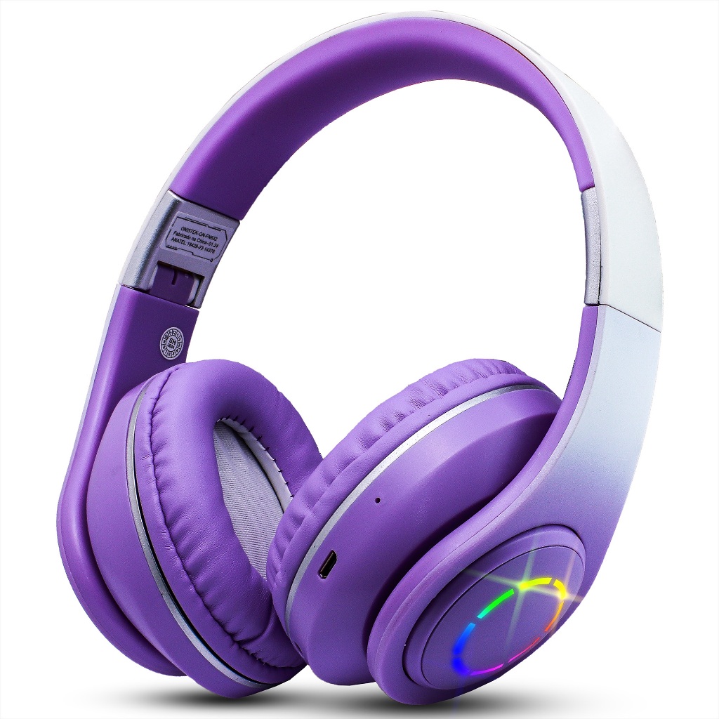 Fone De Ouvido Bluetooth Headset Sem Fio Com Ajuste Lateral Iluminação Led RGB MP3 Cartão SD Recarregavel
