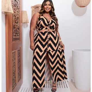 Conjunto plus size cropped e saia longa com fenda - estampa zig zag