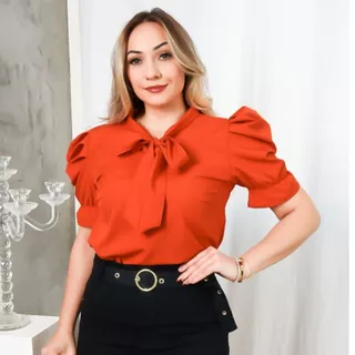 Blusa Camisa Social Crepe Gola de Laço Manga Princesa