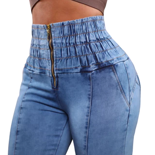 Calça Jeans Lipo Modeladora Com Cós Alto Ziper Empina Bumbum Strech Chapa Barriga Skinny Moda Balada