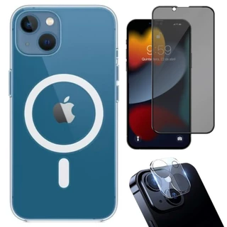 Kit 3em1 Para iPhone / Capa MagSafe + Película 3D Privacidade + Película de Camera