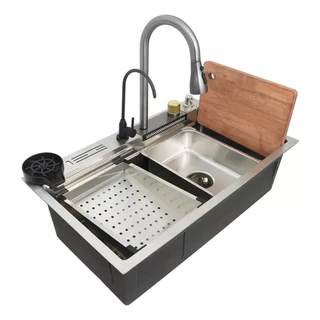 Cuba Quadrada Inox 75x45 Cozinha Gourmet Com Torneira Cor Prata Escovada Yesop