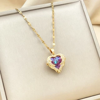 Colar De Cristal Roxo Oceano Coração Com Pingente De Amor Titânio Aço Não Desbotado Colar Acessórios De Moda Feminina Joias