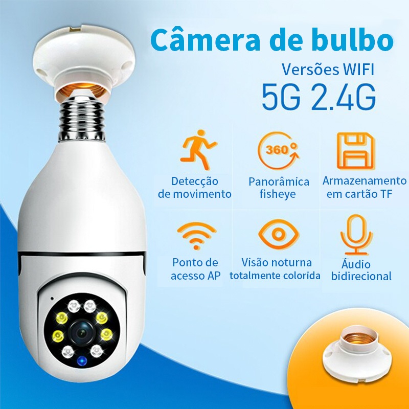 Câmera wifi ip sem fio giratória 360 com encaixe lâmpada bocal rosca yoosee ptz full HD visão noturna segurança - bivolt