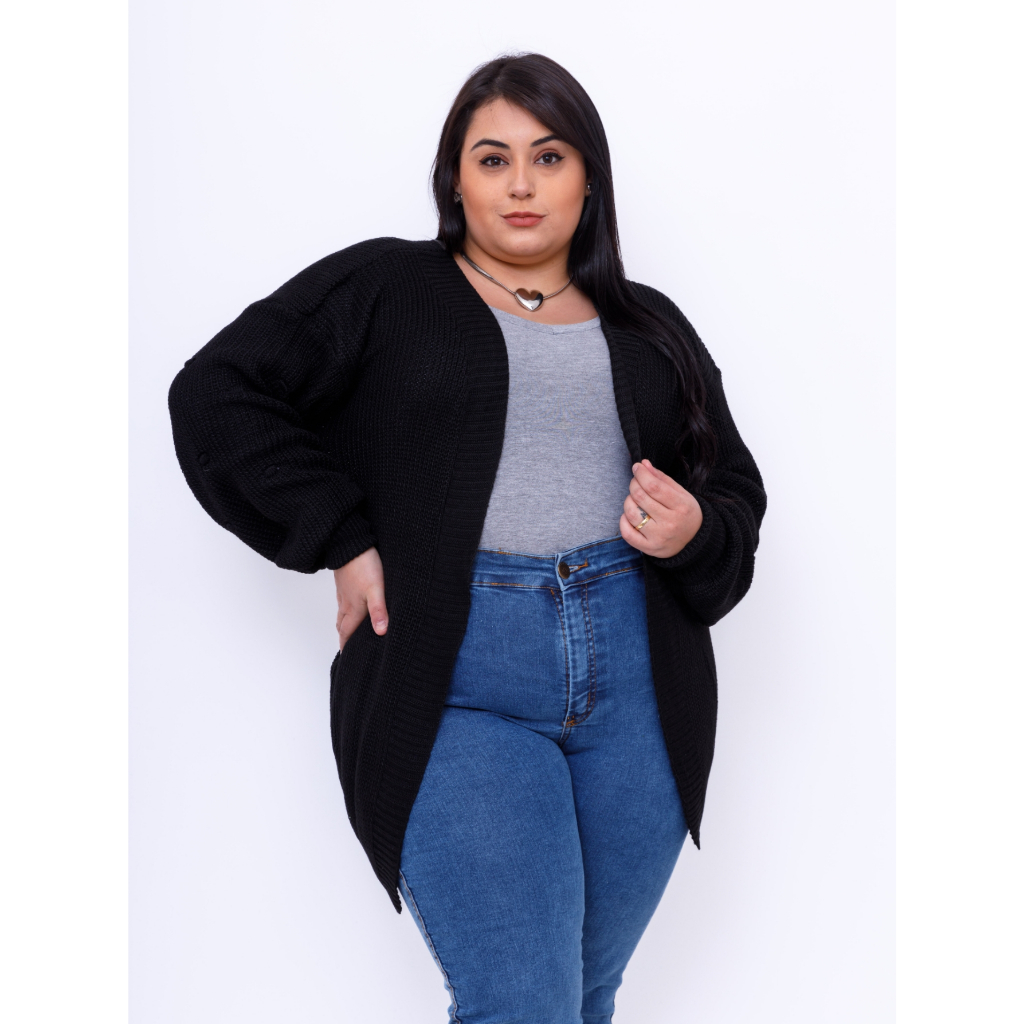 Casaco plus size de tricô linho pipoca manga bufantes 40010