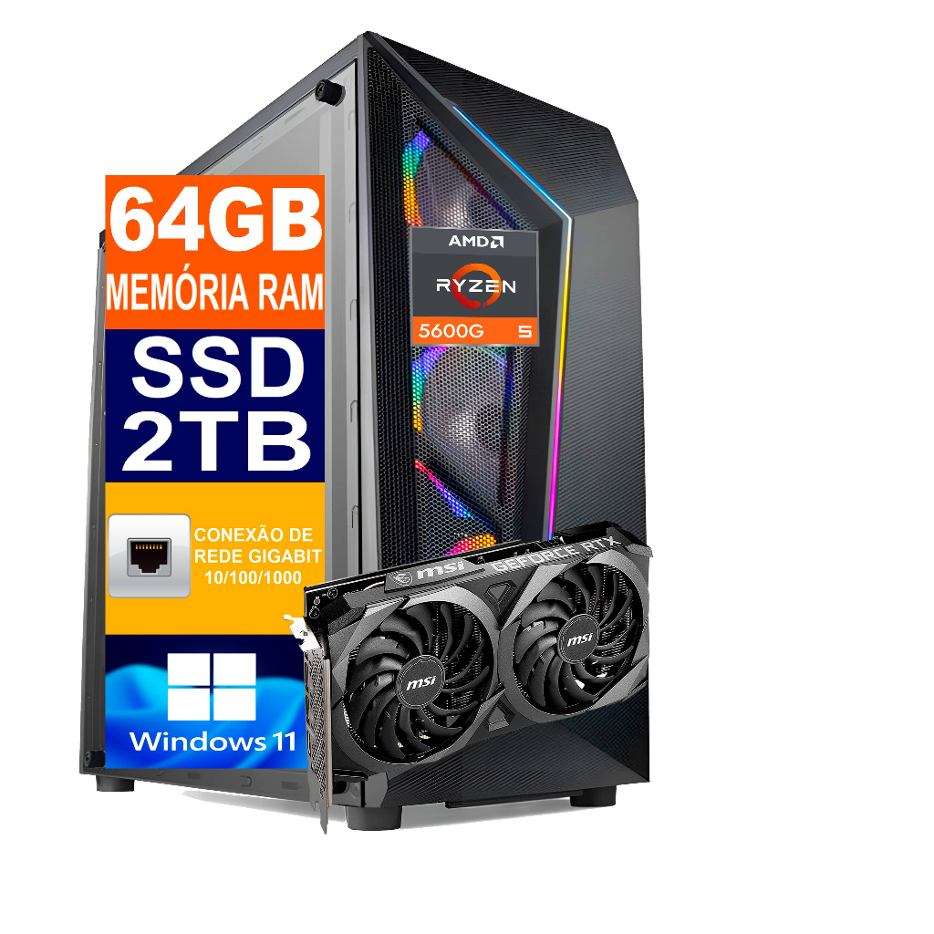 PC Gamer Cpu Ryzen 5 5600g / Ssd 2TB / 64GB Memória Ram DDR4 / Placa de Vídeo RTX 4060TI 8GB / Fonte 700W / Windows 11
