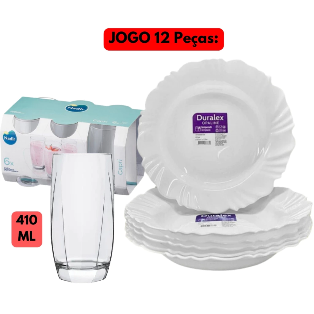 Jogo Aparelho Jantar 12 Peças Vidro Duralex 06 Prato Fundo Petala+ 06 Copo Capri 410ML Kit Resistente Mesa Posta Cozinha Bar Restaurante Branco Transparente