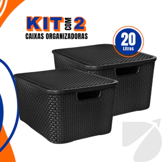 Kit 2 Caixas Organizadoras Rattan 20 Litros Com Tampa Preta Armário e Brinquedos Cesto Organizador