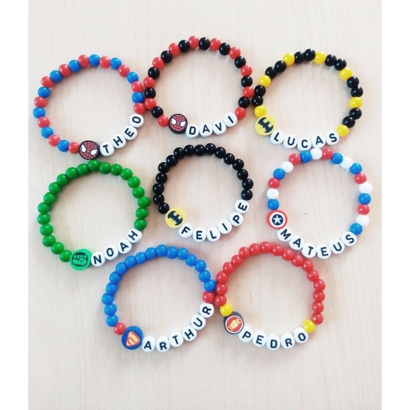 Pulseira de miçangas infantil heróis personalizada com nome. | Shopee ...