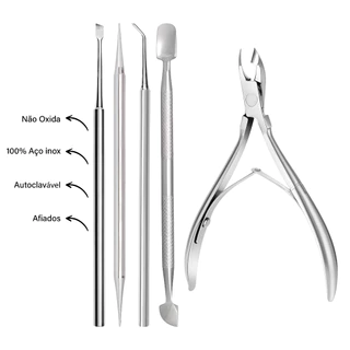 Kit Manicure 5 Peças (Alicate + Palito 2x1 + Desencravador + Espátula + Raspador)