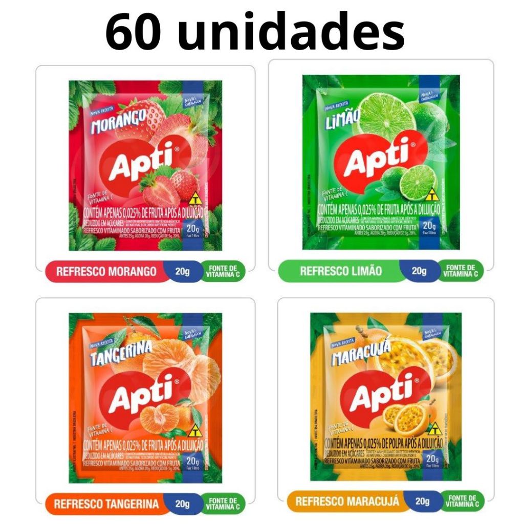 4 caixas de Refresco em pó total de 60 unidades Apti- PROMOÇÃO