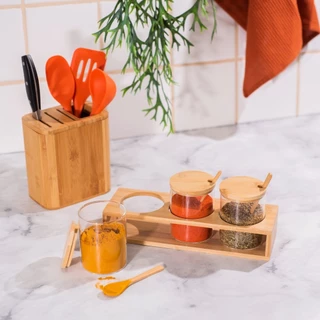 Kit 3 potes de vidro Oikos 300ml com tampa - Bambu - Casa Decoração