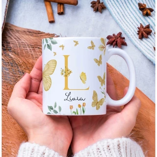 Caneca Com Inicial e Nome Borboletas Floral Porcelana Personalizada Presente Temos Todas as Letras