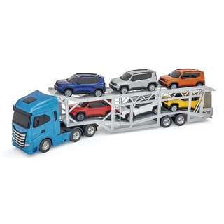 Brinquedo Caminhão Iveco S-Way Cegonha escala 1/30 Com 6 Jeep Renegade