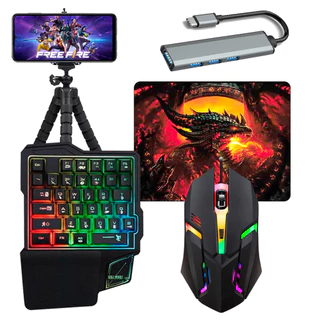 Kit Mobilador de Celular Teclado Uma Mao RGB + Mouse Gamer 1600dpi + Hub usb 3.0 Tipo C em Oferta na Shopee