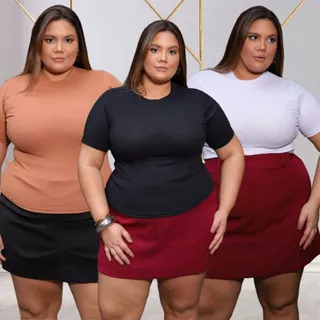 Kit 3 Blusas Caneladinho Premium Plus Size Feminina Gola Alta Camiseta Estilosa Malha Elegante