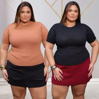 Kit 2 Blusas Caneladinho Premium Plus Size Feminina Gola Alta Veste 44 ao 52 Estilosa Malha Elegante