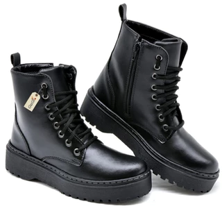 Bota Coturno Militar Blogueira Feminino Cano Alto Com Cadarco Sola de Borracha