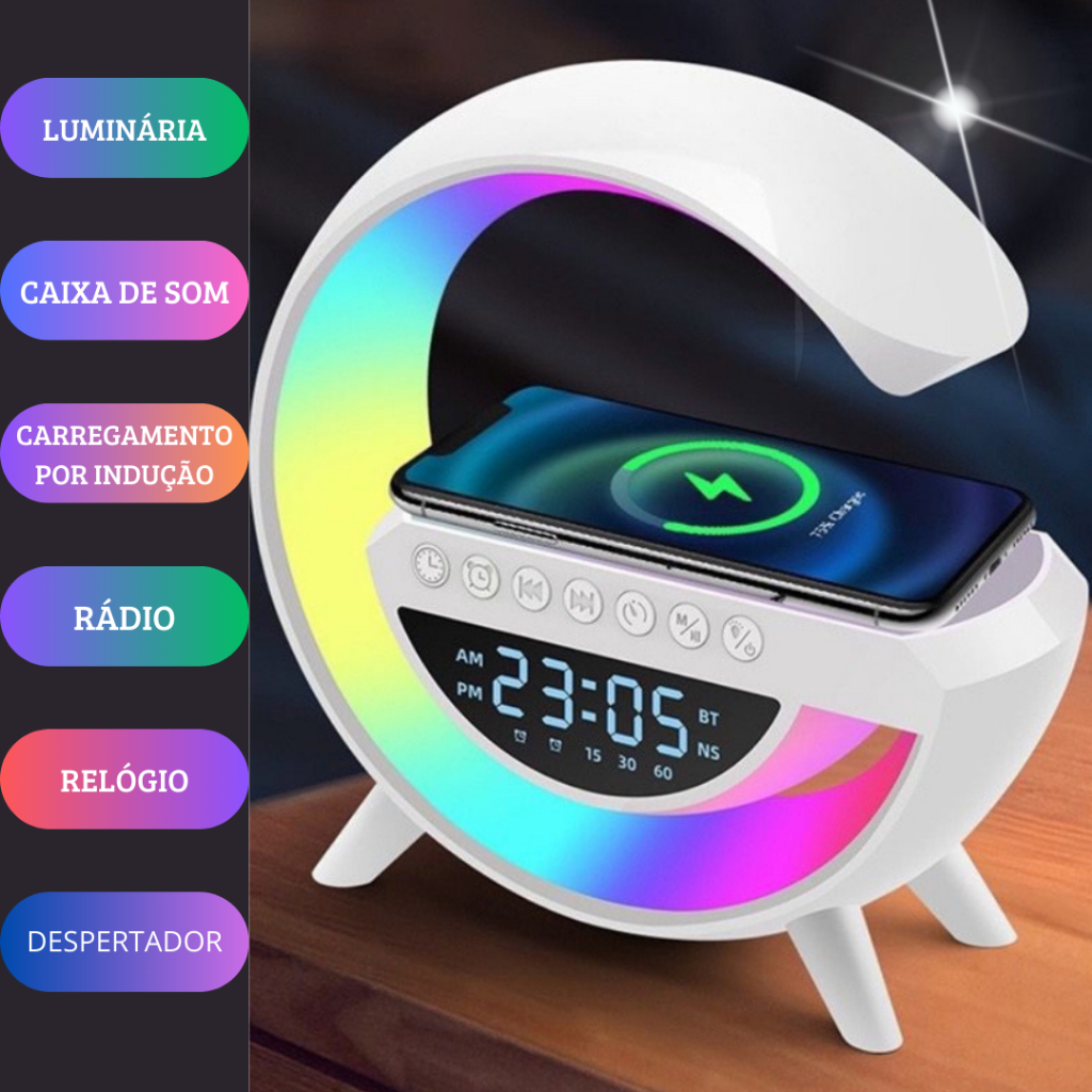 Caixinha de Som Luminaria Smart Speaker Relógio Digital Carregador por Indução Android e IOS