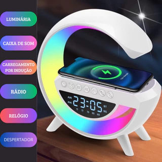 Caixinha de Som Luminaria Smart Speaker Relógio Digital Carregador por Indução Android e IOS