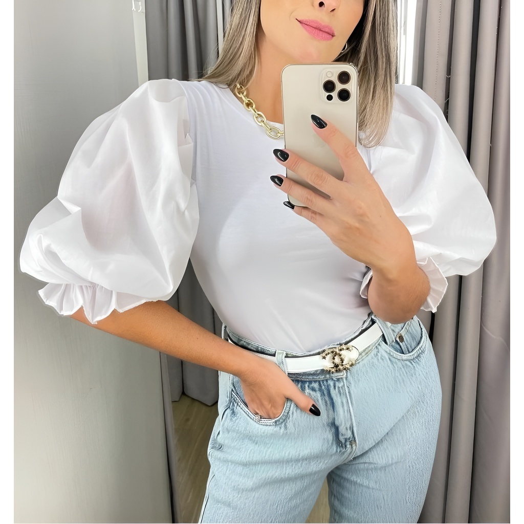 Blusa Feminina Manga Bufante 3/4 Perfeita Social Linda