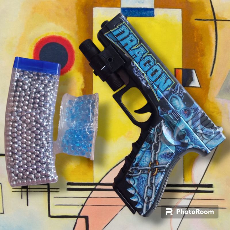 Brinquedo PistoIa Glock Dragon Toy Spring pressão, 2 em 1 Bolinhas Gel, 500 Bolinhas de plastico 6mm