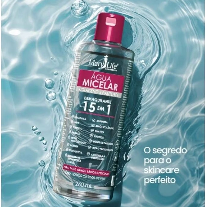 Água Micelar Colágeno e Pantenol Hidrata e Controla a Oleosidade Mary Life  – DEMAQUILANTE 15 EM 1 260 ml | Shopee Brasil