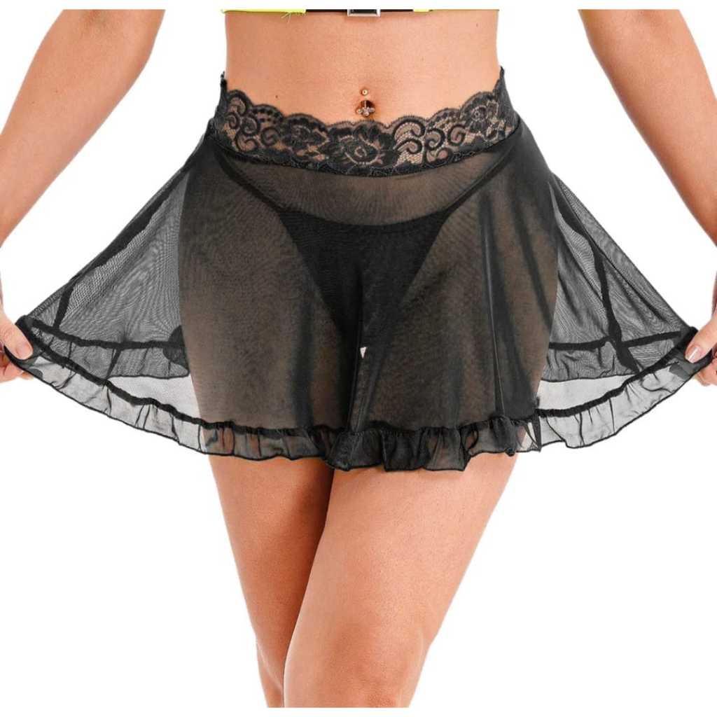 Kit saia transparente com calcinha fio dental feminina romântica com detalhes de renda sexy luxo