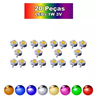 Chip Led 1W 3V Amarelo, Azul, Verde, Vermelho e Brancos (20 Peças)