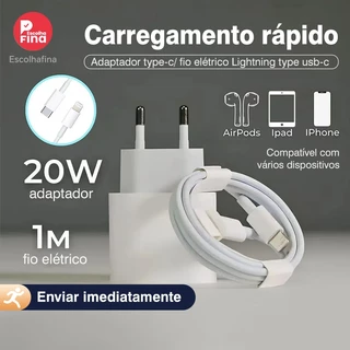 Kit Carregador De iPhone Fonte com Cabo Carregamento Rápido 1m PD 20w Type C x Lightning Novos iPhone 11 Pró A 14